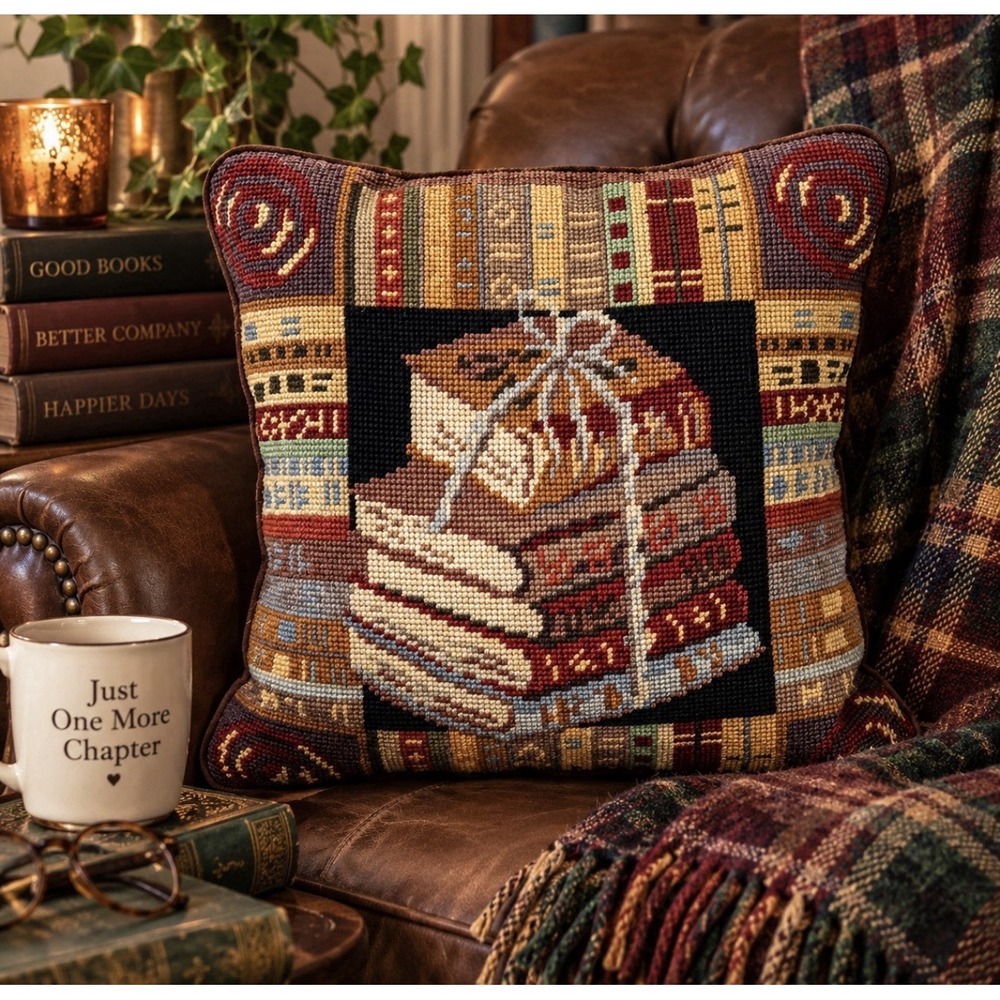 Vintage Tableaux Needlepoint Library Books Pillow Wool Booktok Dark Academia 13"